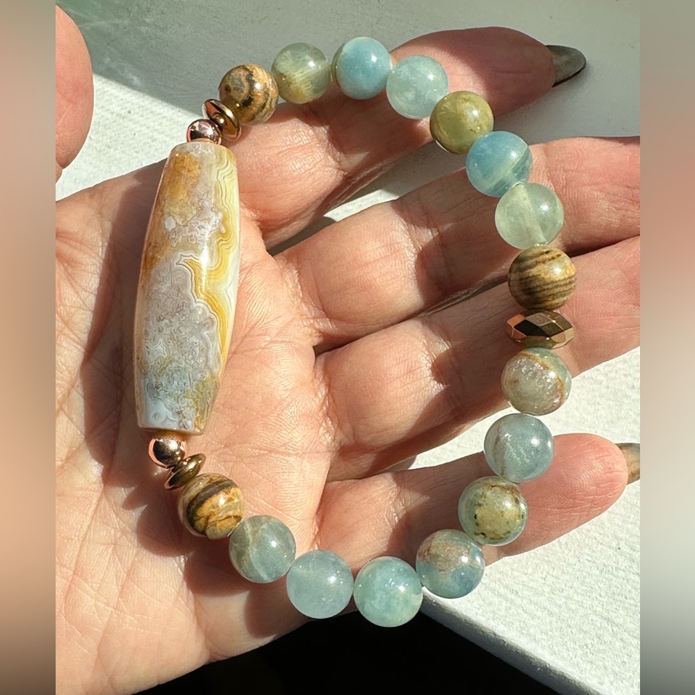 LEMURIAN AQUATINE + OCEAN JASPER NATURAL STONES BRACELET size 8” - Picture 7 of 9